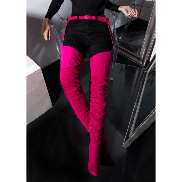 Fuchsia Suede Thigh High Chap Boots ✨ - Picture 2 of 13